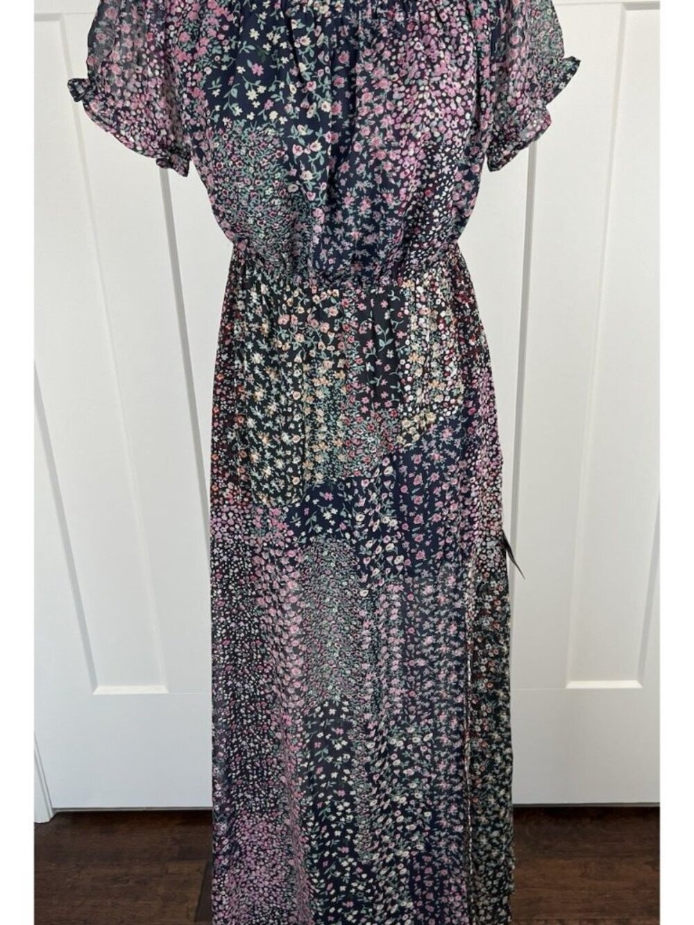NWT Lulu's Women's Dress L Black Floral Maxi Puff Sleeve Side Slit Cottagecore